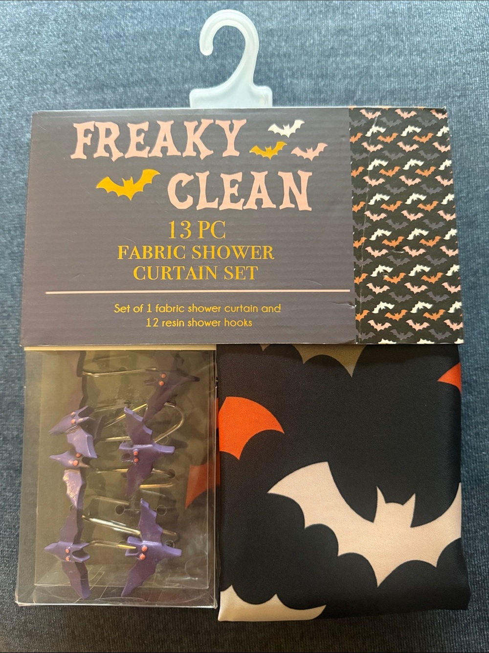 New Halloween Bat Fabric Shower Curtain Set - Black & Purple